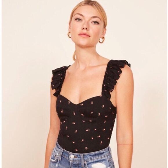 Reformation Tops - Reformation Top Womens 2 Elena Coco Black Rose Floral Ruffle Sweetheart Crepe